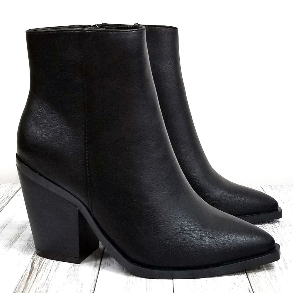 New Black Point Toe Chunky Heel Ankle Boots Bootie